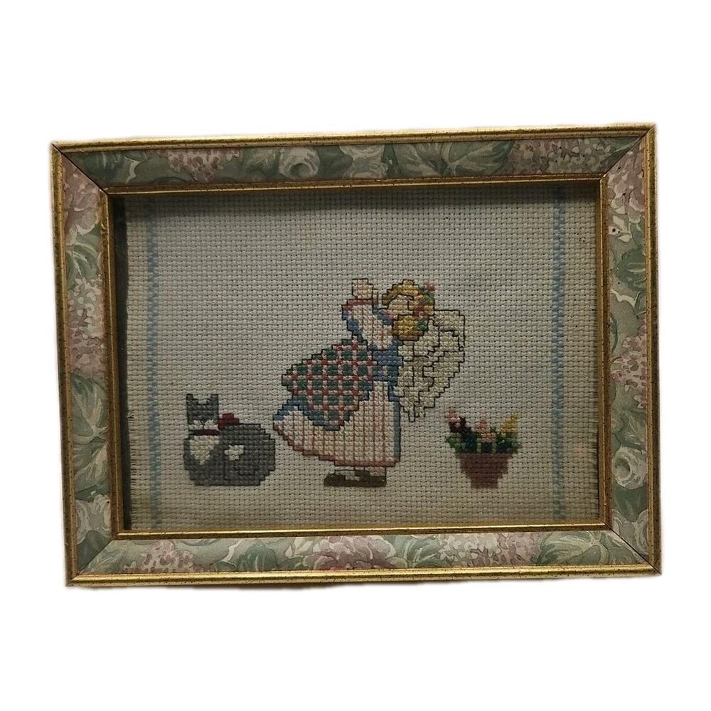 Vintage Framed Needlepoint Little Girl with Black Cat & Flowers Gold Floral